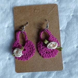 Handcrafted Fuchsia Crochet Floral Drop Earrings with Cream Rose